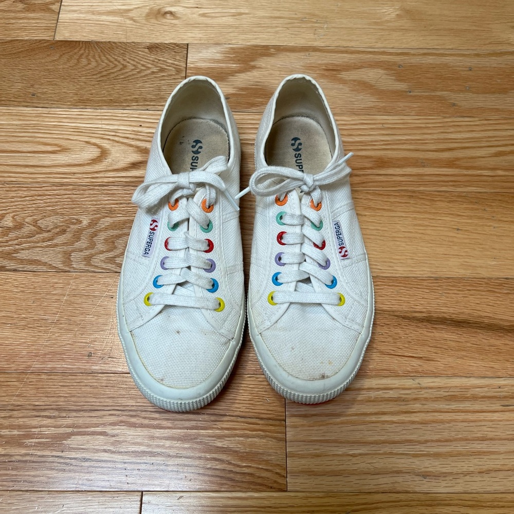 Superga White Sneakers with Multicolor Eyelets Women’s size 8 Men’s size 6.5